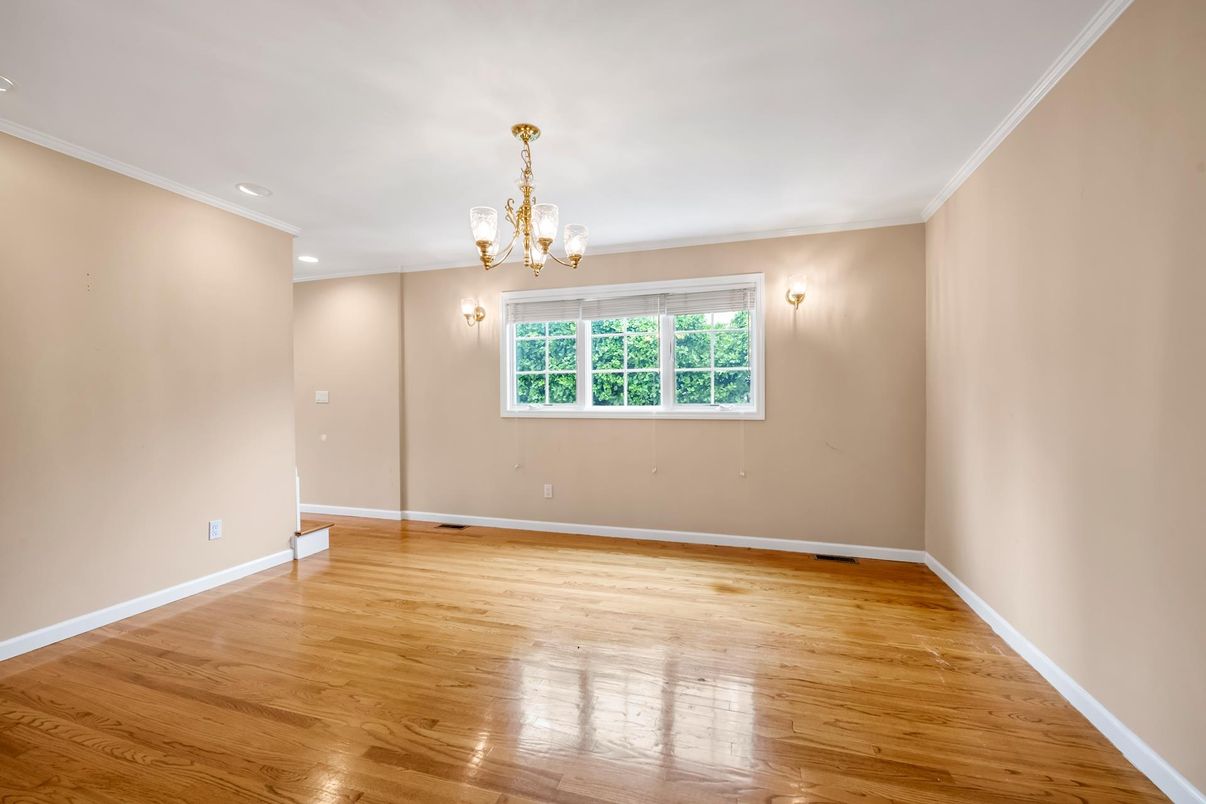 Chandelier, Empty room, Interior, Recessed Lighting, Wood Texture Flooring