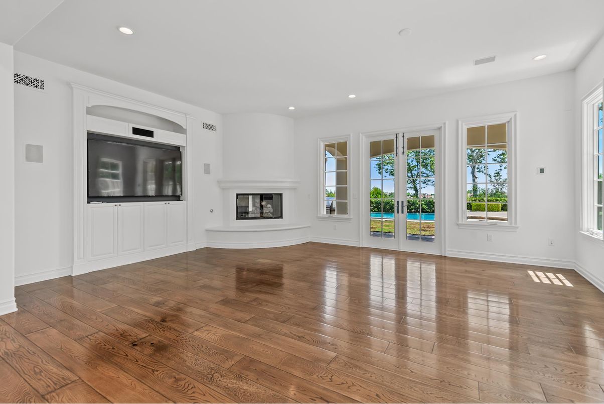 Empty room, Fireplace, Interior, Recessed Lighting, Wood Texture Flooring