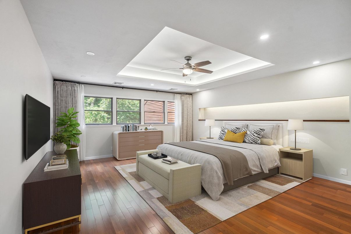 Bedroom, Interior, Recessed Lighting, Wood Texture Flooring