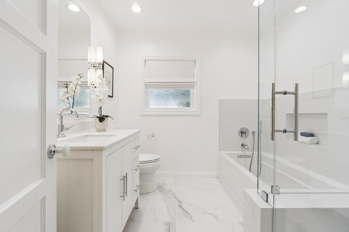 Bathroom, Glass Shower, Interior, Marble, Recessed Lighting