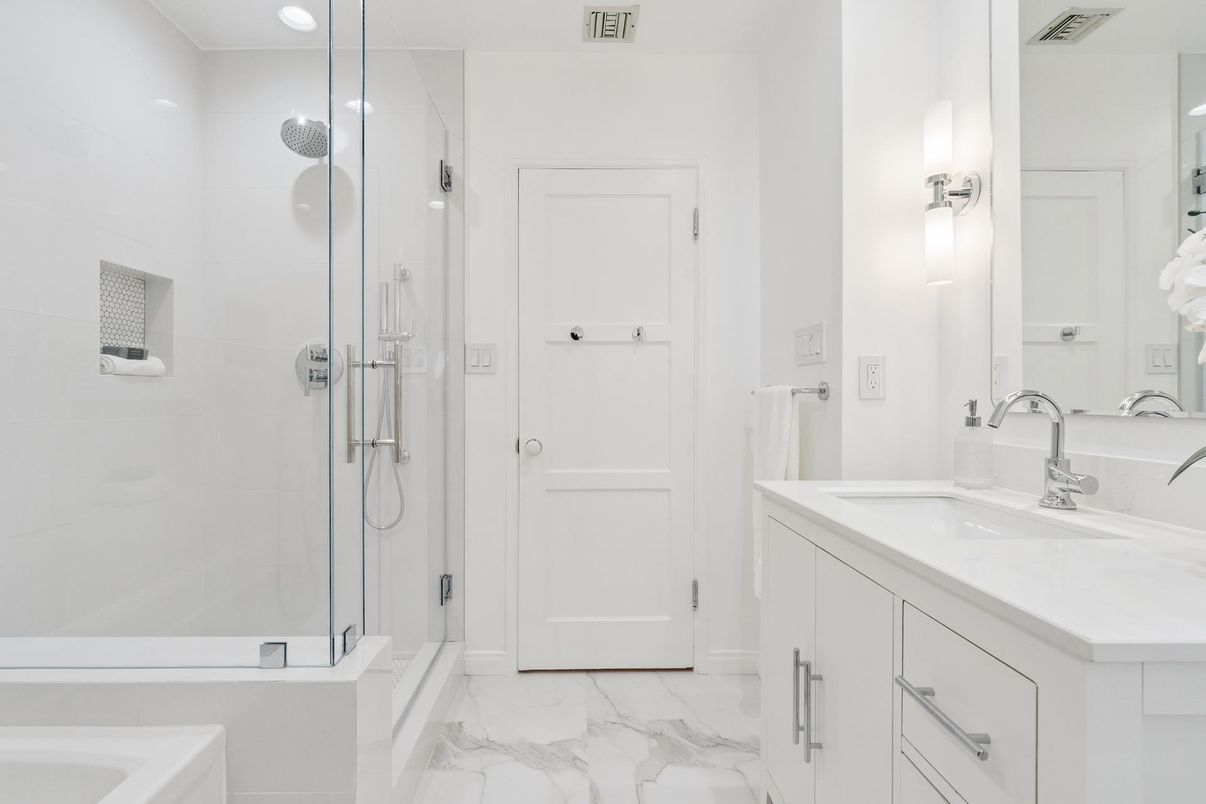 Bathroom, Dual Sink Vanities, Glass Shower, Interior, Marble, Recessed Lighting