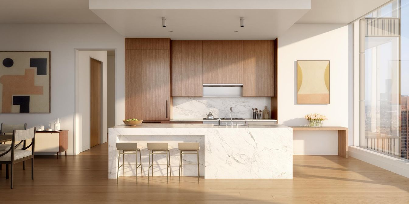 Interior, Kitchen, Marble Walls, Recessed Lighting, Wood Texture Flooring