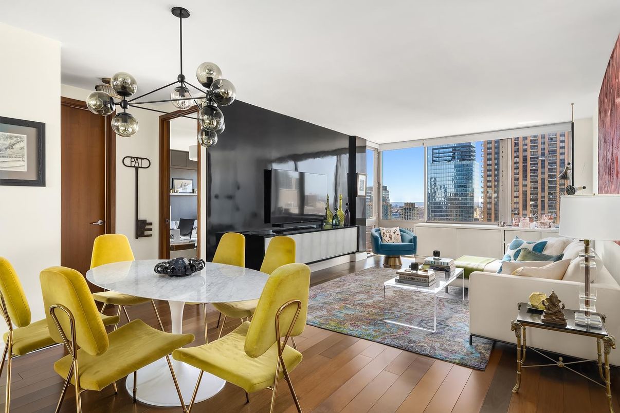 Dining room, Interior, Living room, Pendant Lights, Wood Texture Flooring