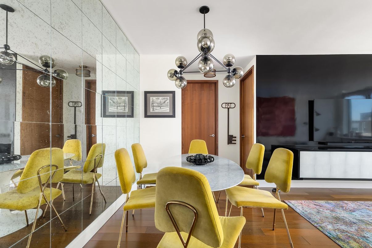 Dining room, Interior, Pendant Lights, Wood Texture Flooring