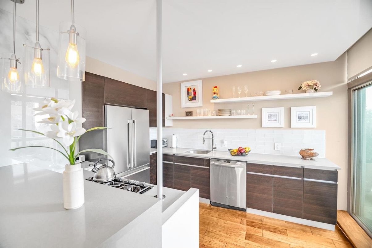 Interior, Kitchen, Pendant Lights, Recessed Lighting, Stainless Steel Appliances, Wood Texture Flooring