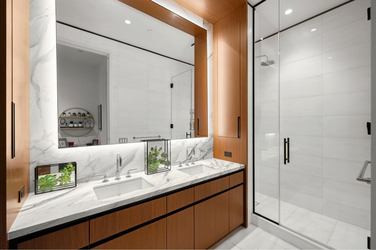 Bathroom, Dual Sink Vanities, Glass Shower, Interior, Marble Walls, Recessed Lighting