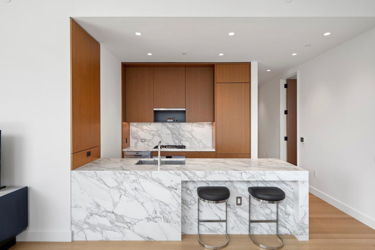 Interior, Kitchen, Marble, Marble Walls, Recessed Lighting, Wood Texture Flooring
