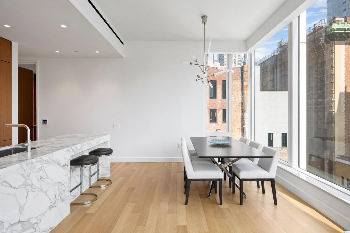 Dining room, Interior, Pendant Lights, Recessed Lighting, Wood Texture Flooring