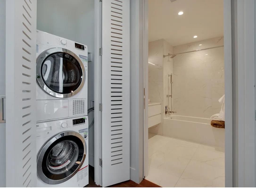 Bathroom, Interior, Marble, Marble Walls, Recessed Lighting, Utility Closets, Washer