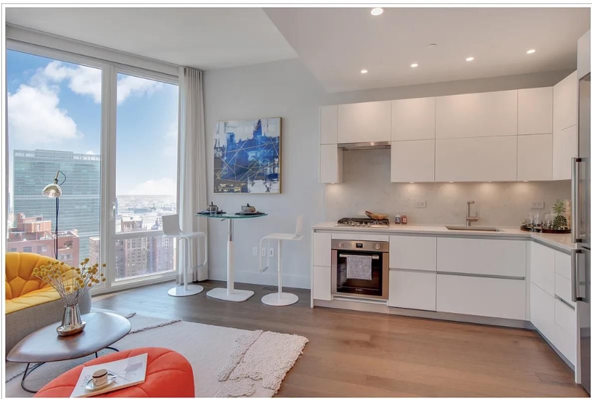 Interior, Kitchen, Recessed Lighting, Stainless Steel Appliances, Water, Wood Texture Flooring