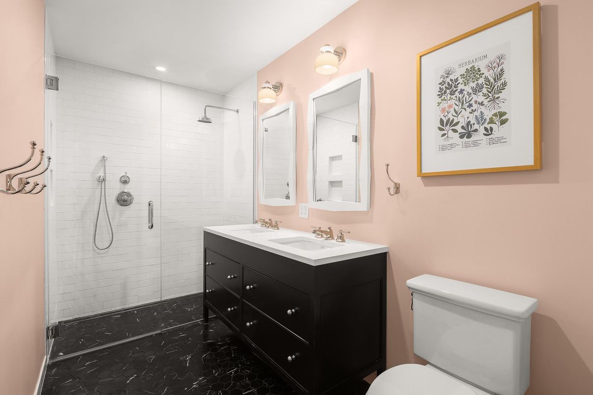 Bathroom, Dual Sink Vanities, Glass Shower, Interior, Marble, Recessed Lighting
