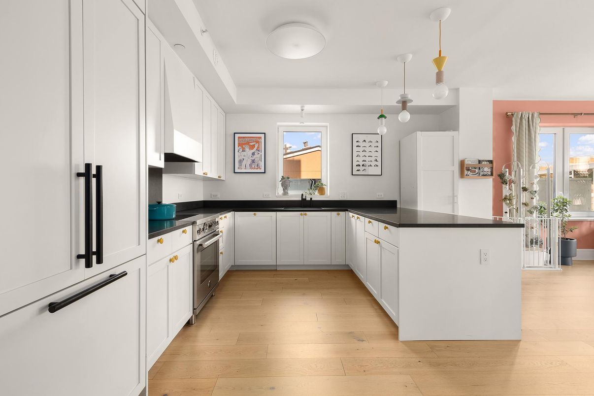 Interior, Kitchen, Pendant Lights, Stainless Steel Appliances, Wood Texture Flooring