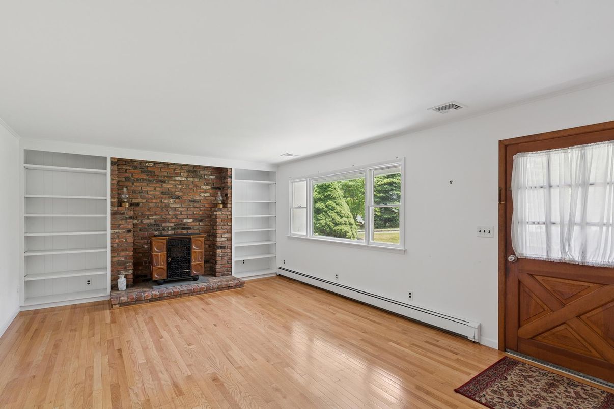 Empty room, Fireplace, Interior, Stone Walls, Wood Texture Flooring