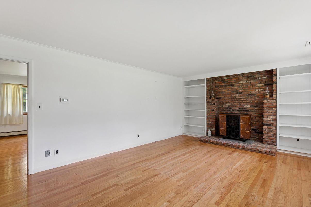 Empty room, Fireplace, Interior, Stone Walls, Wood Texture Flooring