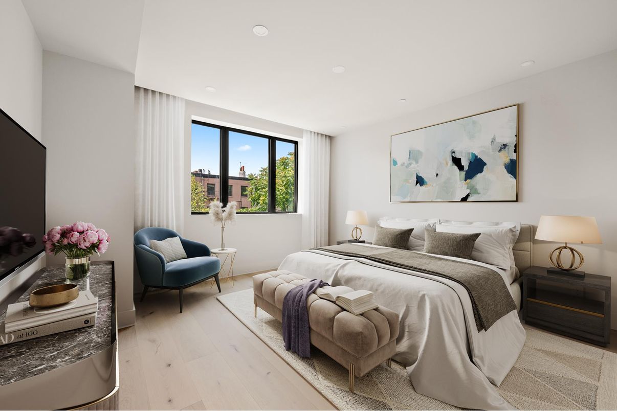 Bedroom, Interior, Recessed Lighting, Wood Texture Flooring