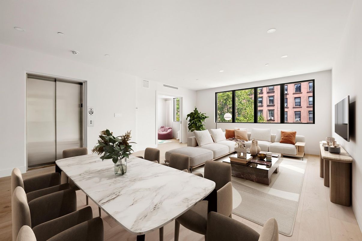 Dining room, Interior, Living room, Recessed Lighting, Wood Texture Flooring