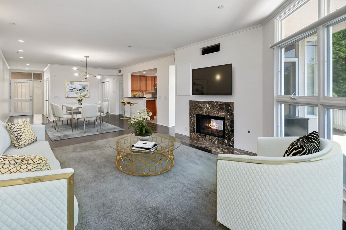 Dining room, Fireplace, Interior, Living room, Pendant Lights, Recessed Lighting