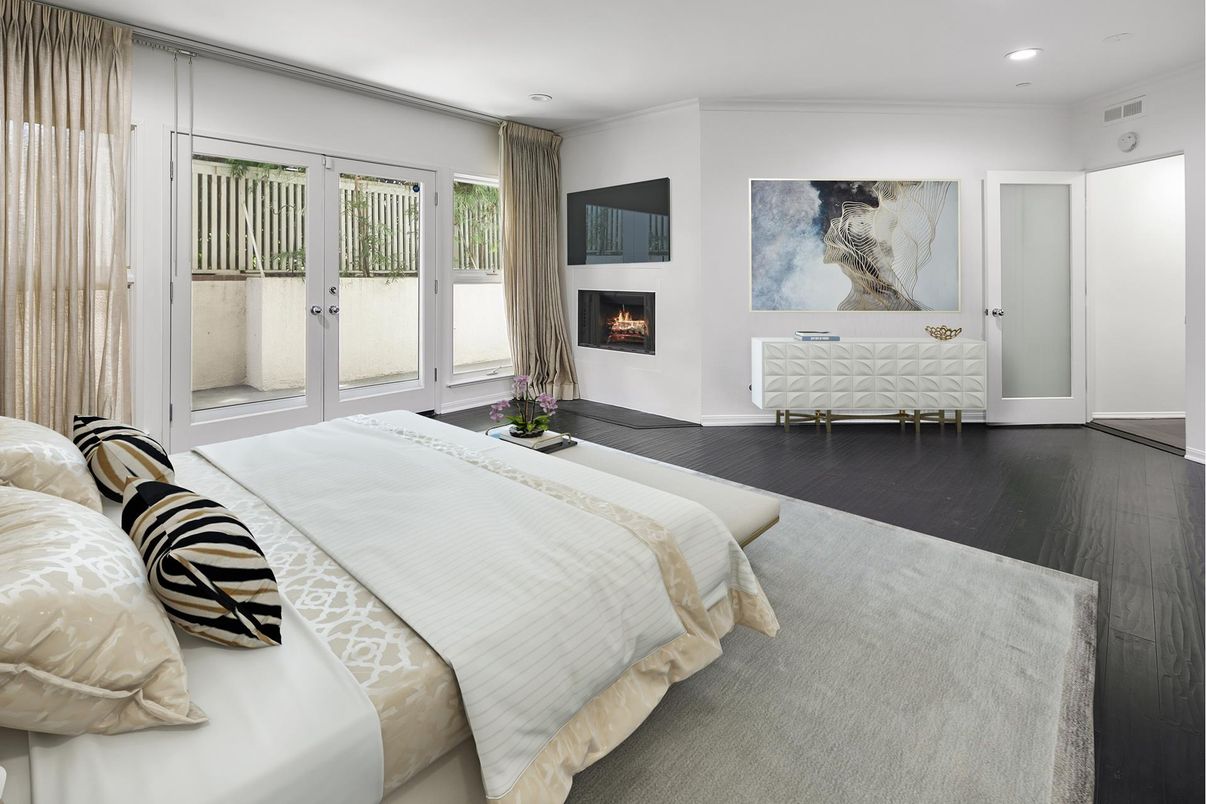 Bedroom, Fireplace, Interior, Recessed Lighting, Wood Texture Flooring