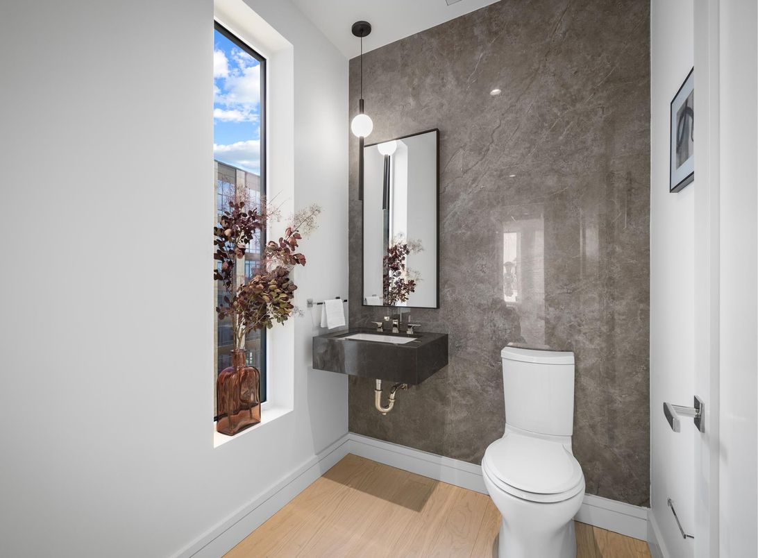 Bathroom, Interior, Pendant Lights, Wood Texture Flooring