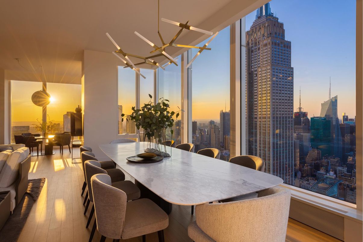 Dining room, Interior, Pendant Lights, Wood Texture Flooring, Skyline