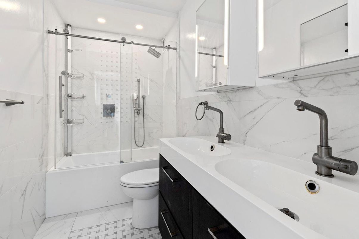 Bathroom, Glass Shower, Interior, Marble, Marble Walls, Recessed Lighting