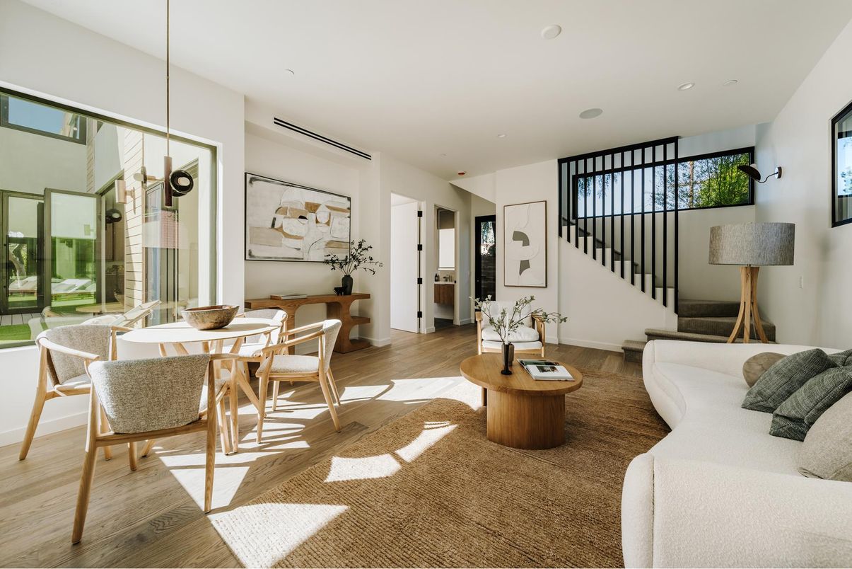 Dining room, Interior, Living room, Pendant Lights, Recessed Lighting, Wood Texture Flooring