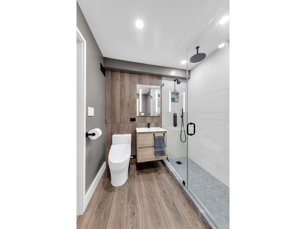 Bathroom, Glass Shower, Interior, Recessed Lighting, Wood Texture Flooring