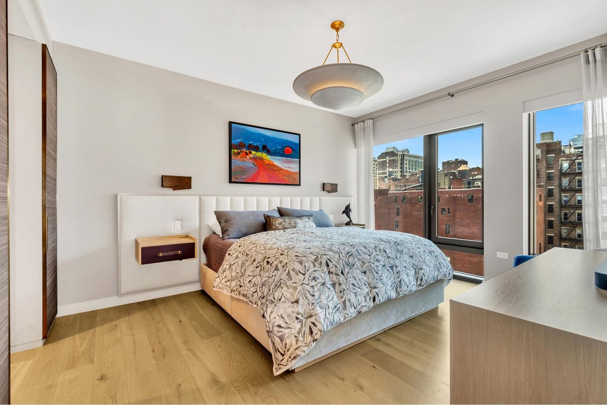 Bedroom, Interior, Pendant Lights, Wood Texture Flooring