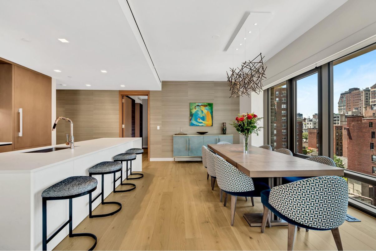 Dining room, Interior, Kitchen, Pendant Lights, Recessed Lighting, Wood Texture Flooring