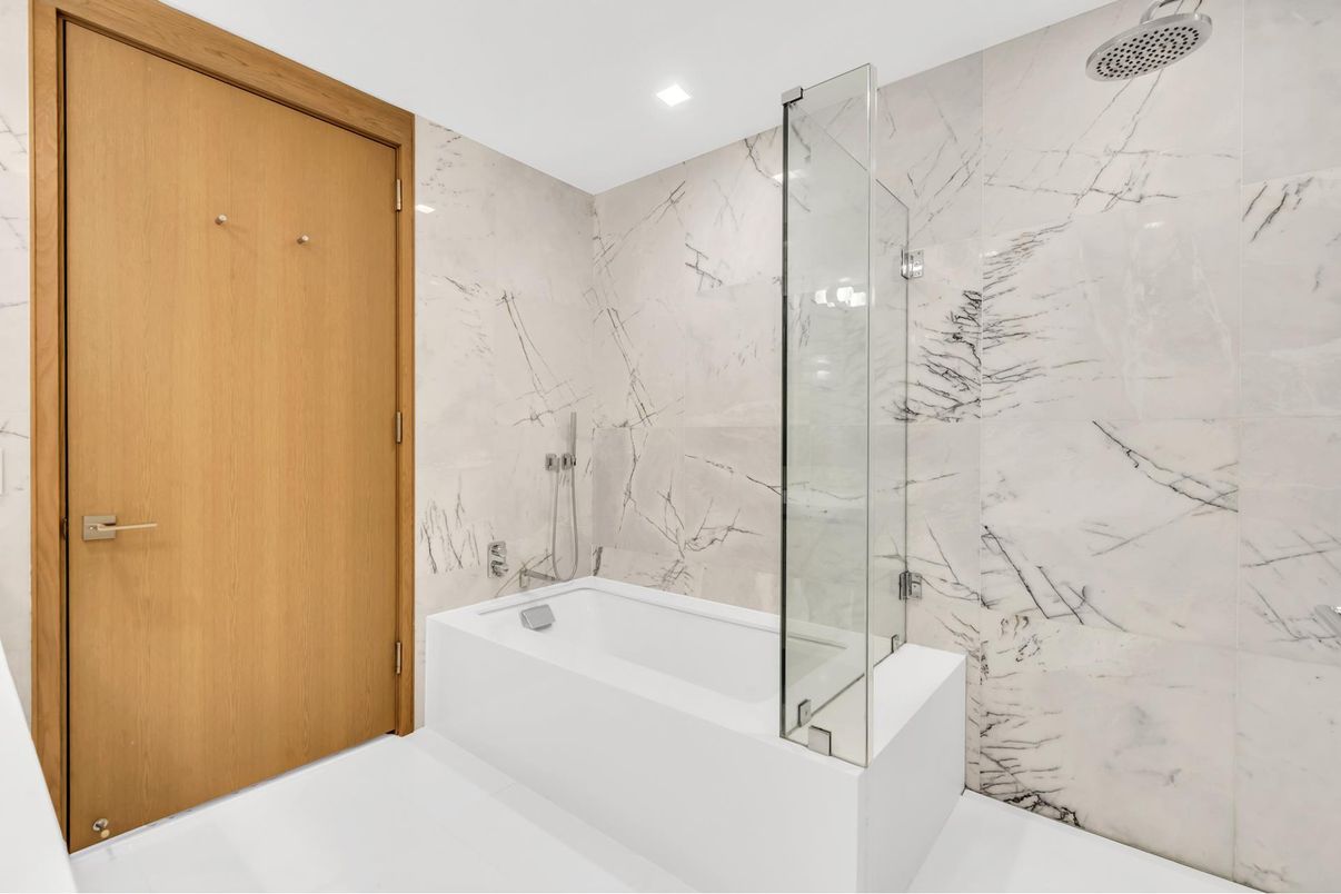 Bathroom, Glass Shower, Interior, Marble Walls, Recessed Lighting