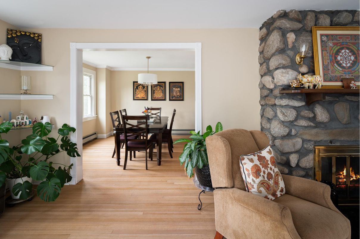 Dining room, Fireplace, Interior, Living room, Pendant Lights, Wood Texture Flooring