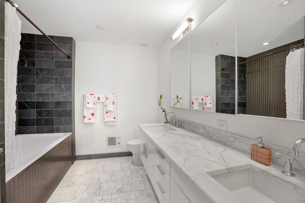 Bathroom, Dual Sink Vanities, Interior, Marble, Recessed Lighting