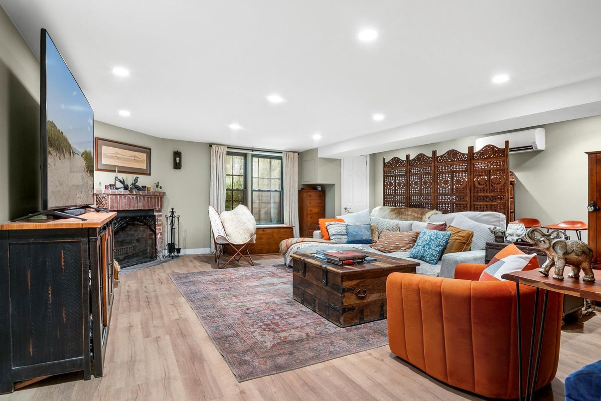 Fireplace, Interior, Living room, Recessed Lighting, Wood Texture Flooring