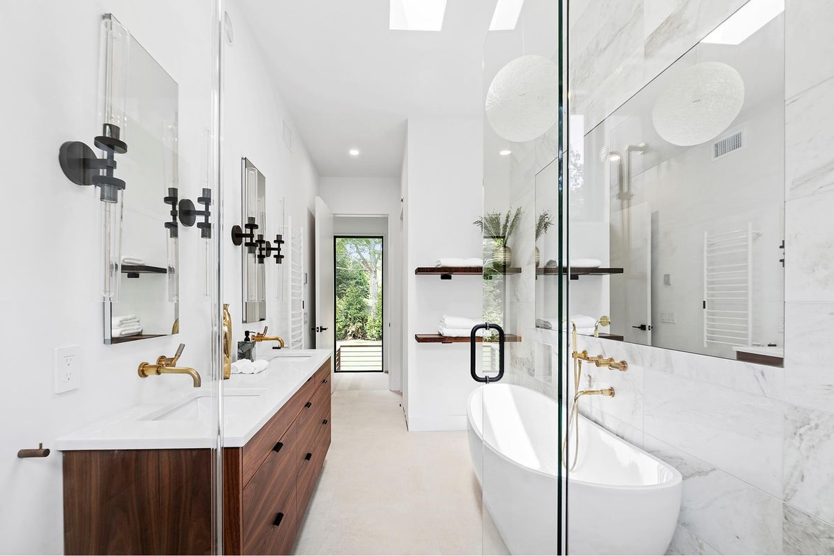 Bathroom, Dual Sink Vanities, Free Standing Baths, Glass Shower, Interior, Marble Walls, Recessed Lighting