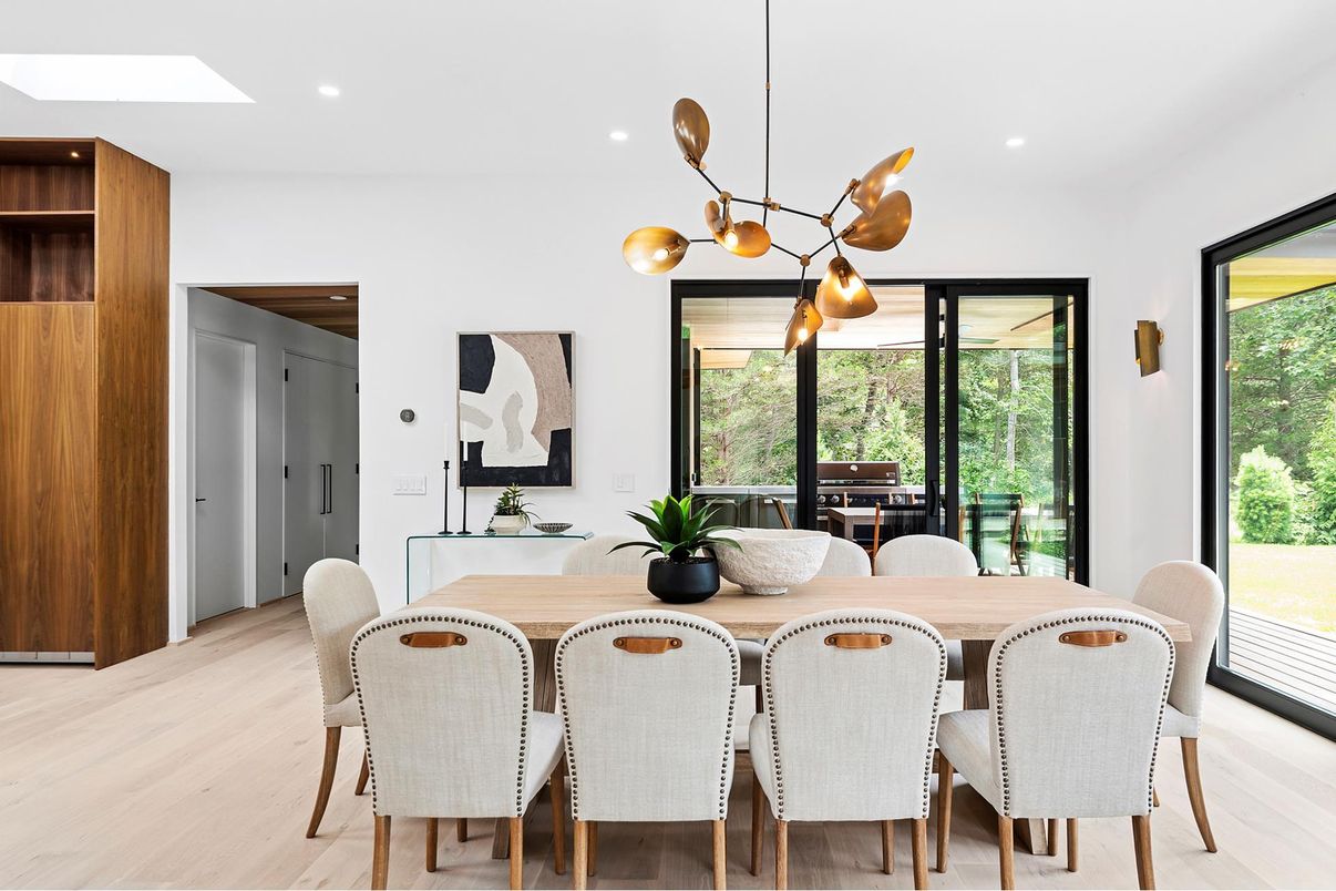 Dining room, Interior, Pendant Lights, Recessed Lighting, Wood Texture Flooring