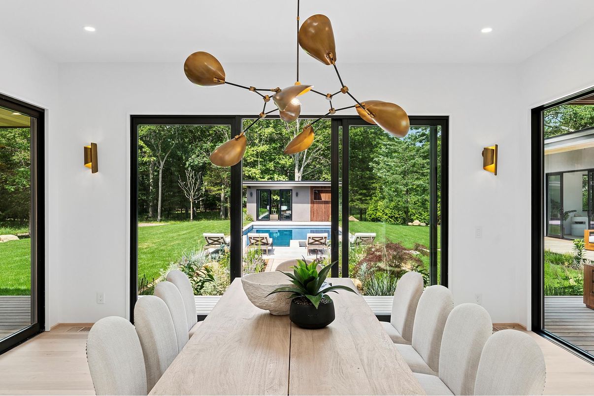Dining room, Interior, Pendant Lights, Recessed Lighting, Wood Texture Flooring