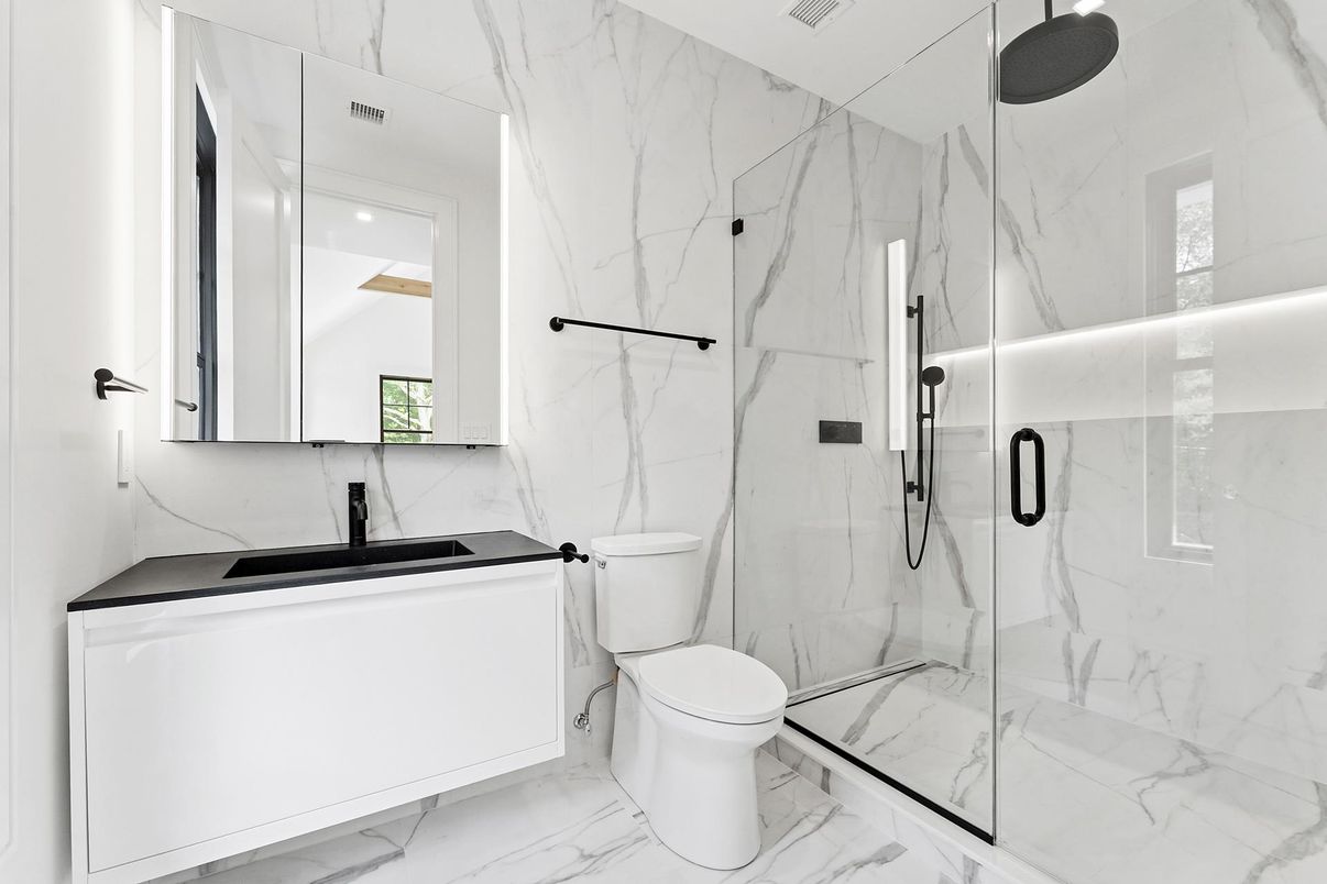 Bathroom, Glass Shower, Interior, Marble, Marble Walls, Recessed Lighting