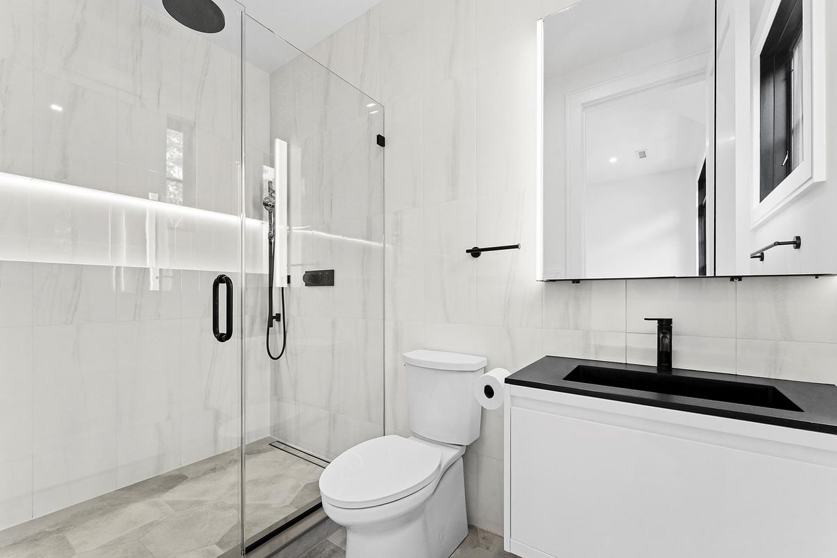 Bathroom, Glass Shower, Interior, Marble Walls, Recessed Lighting