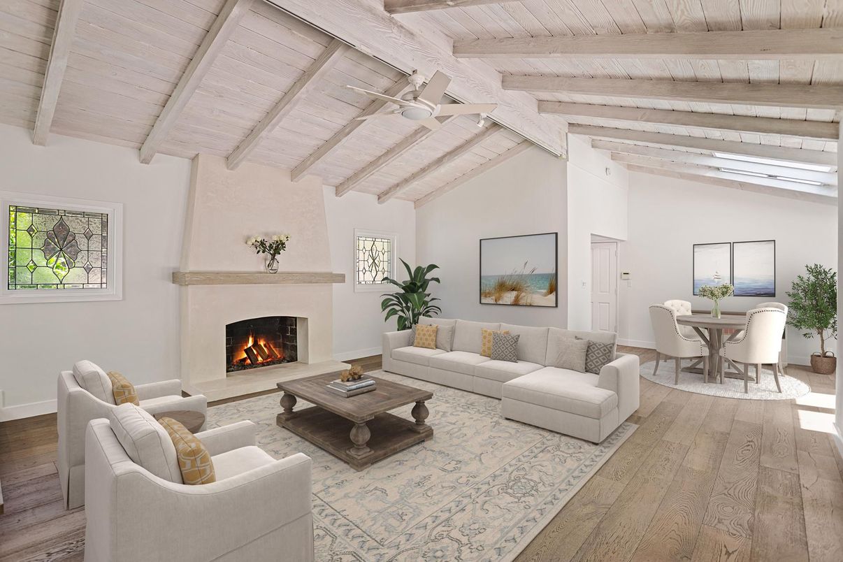 Dining room, Fireplace, Interior, Living room, Wooden Beams, Wooden Ceilings, Wood Texture Flooring