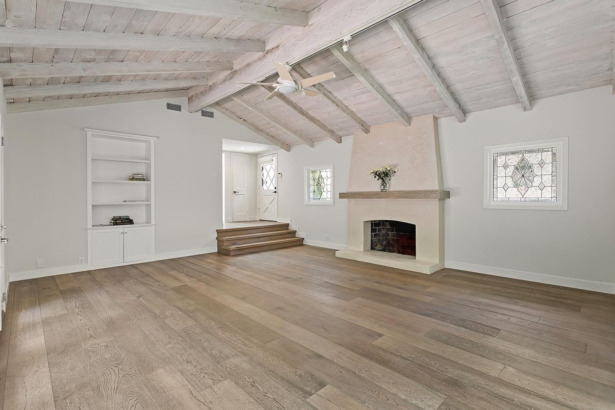 Empty room, Fireplace, Interior, Wooden Beams, Wooden Ceilings, Wood Texture Flooring