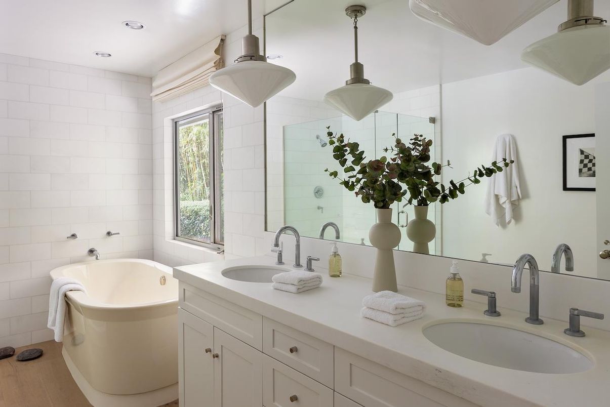 Bathroom, Dual Sink Vanities, Free Standing Baths, Interior, Pendant Lights, Recessed Lighting, Wood Texture Flooring