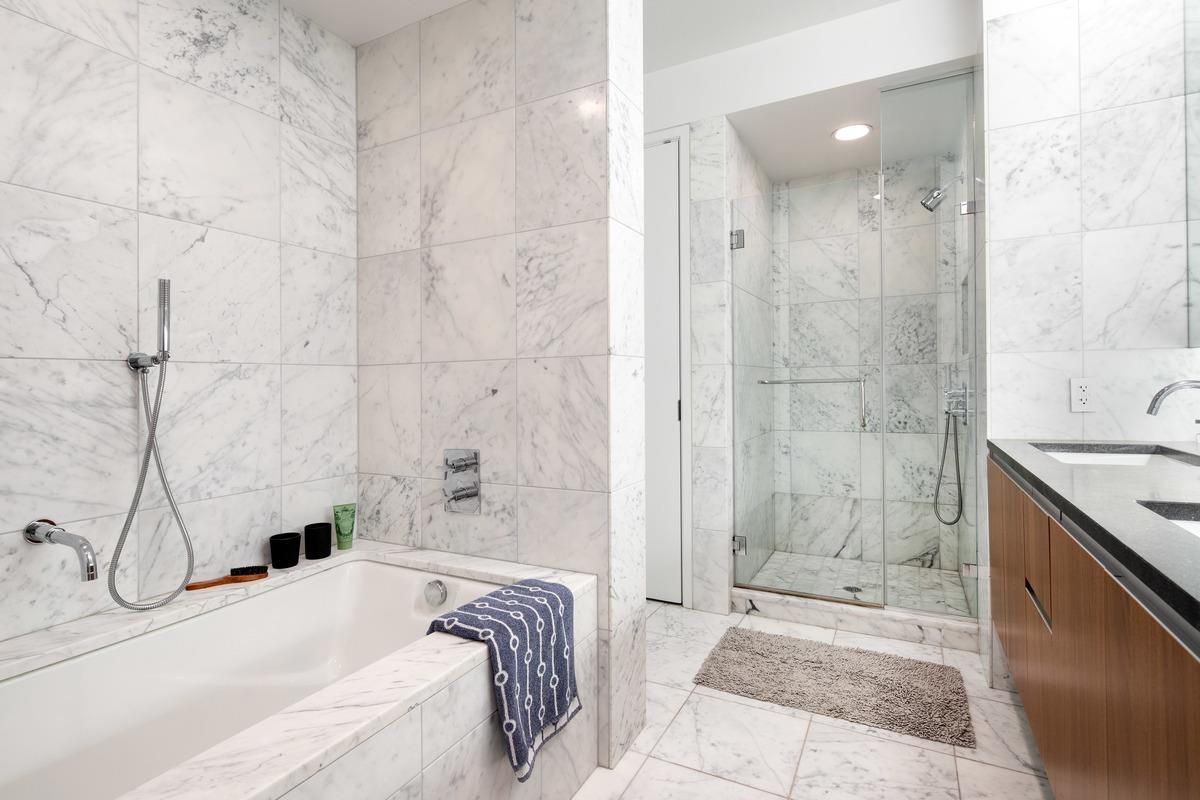 Bathroom, Glass Shower, Interior, Marble, Marble Walls, Recessed Lighting