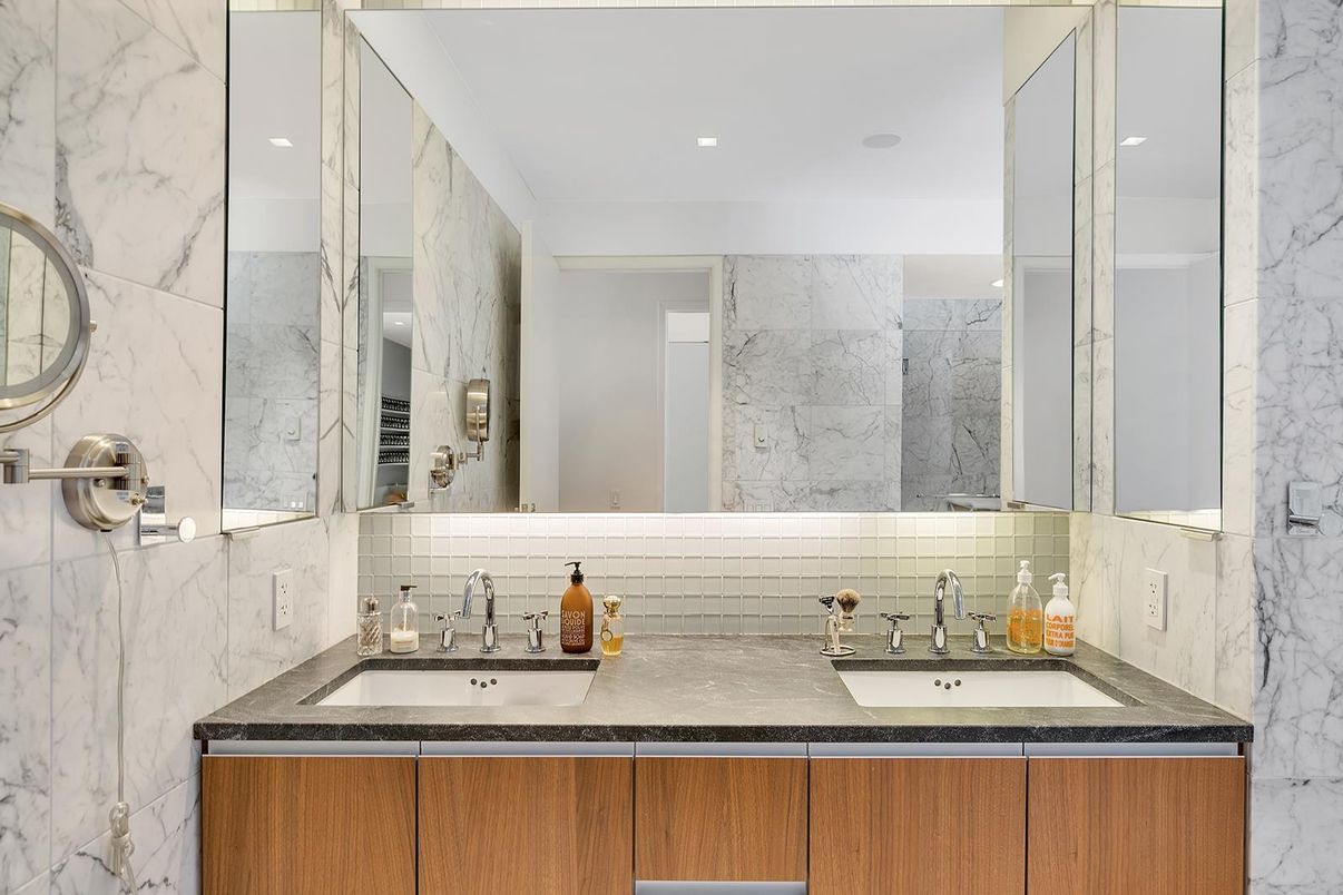 Bathroom, Dual Sink Vanities, Interior, Marble Walls, Recessed Lighting