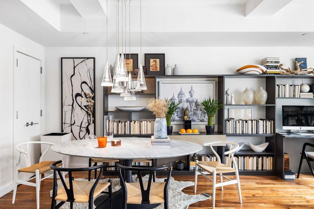 Dining room, Interior, Pendant Lights, Wood Texture Flooring