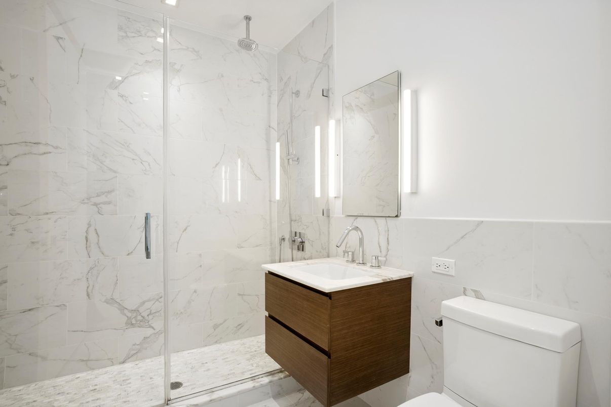 Bathroom, Glass Shower, Interior, Marble Walls, Recessed Lighting