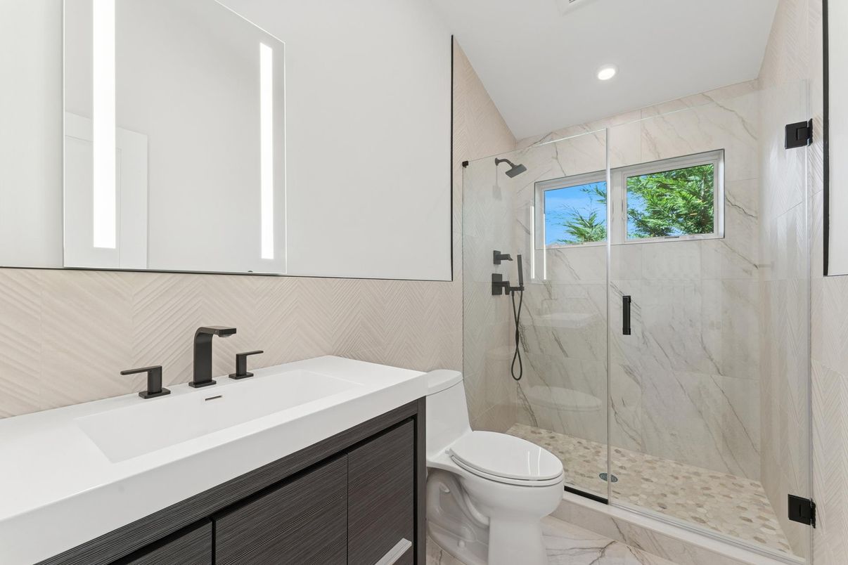 Bathroom, Glass Shower, Interior, Marble, Marble Walls, Recessed Lighting