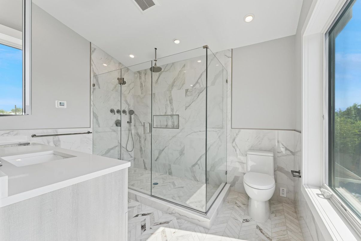 Bathroom, Glass Shower, Interior, Marble, Marble Walls, Recessed Lighting