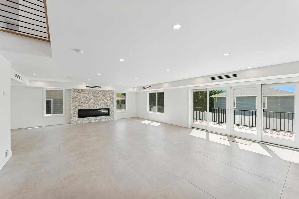 Empty room, Fireplace, Interior, Recessed Lighting, Stone Walls