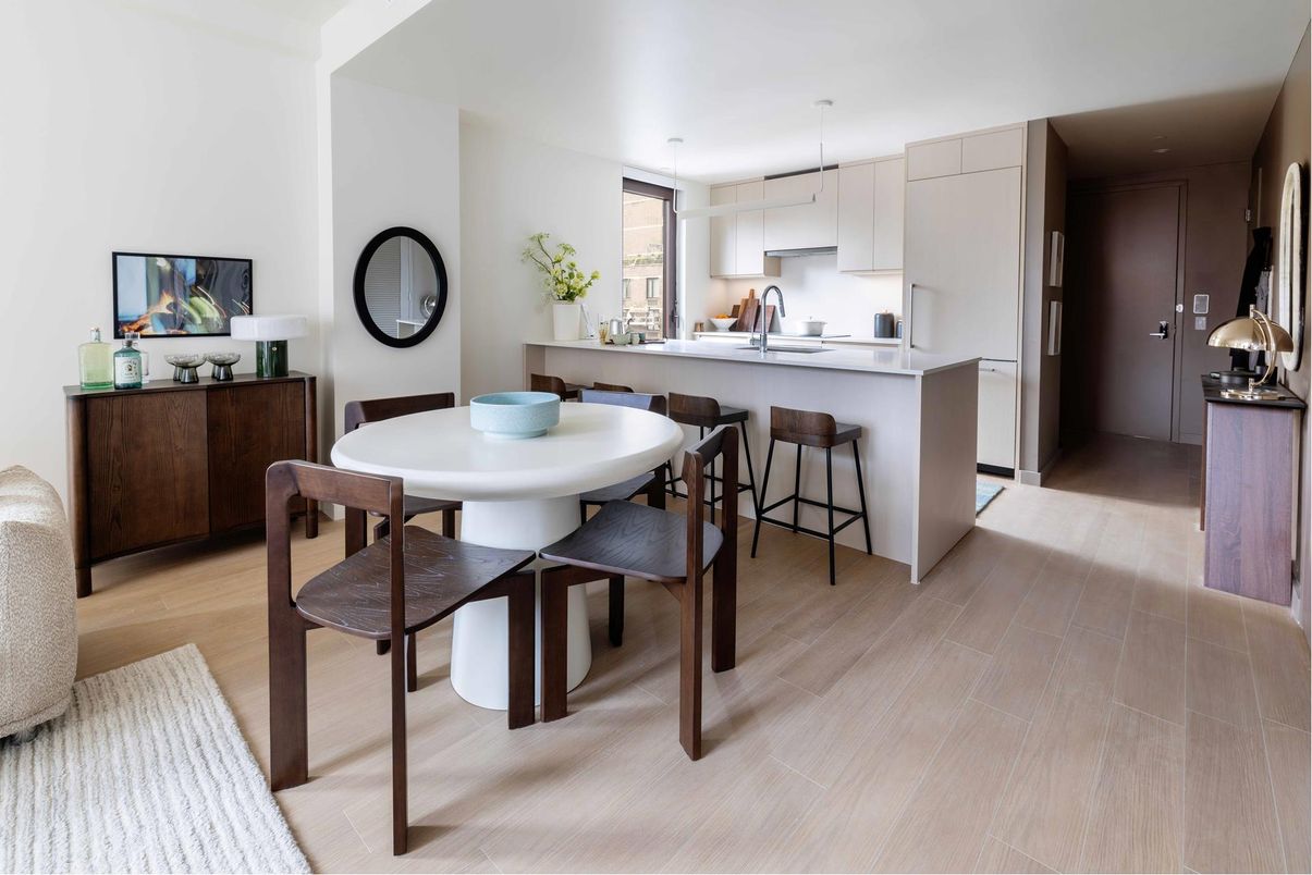 Dining room, Interior, Kitchen, Pendant Lights, Wood Texture Flooring