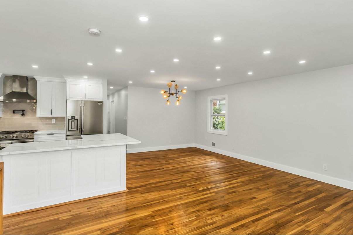 Interior, Kitchen, Pendant Lights, Recessed Lighting, Stainless Steel Appliances, Wood Texture Flooring